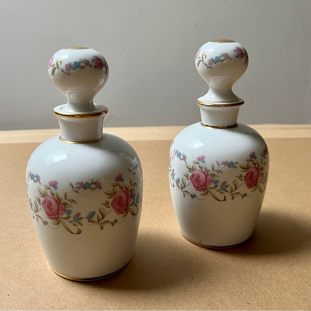 RARE Vintage Japanese Porcelain Vanity Sample Bottles Pink Floral